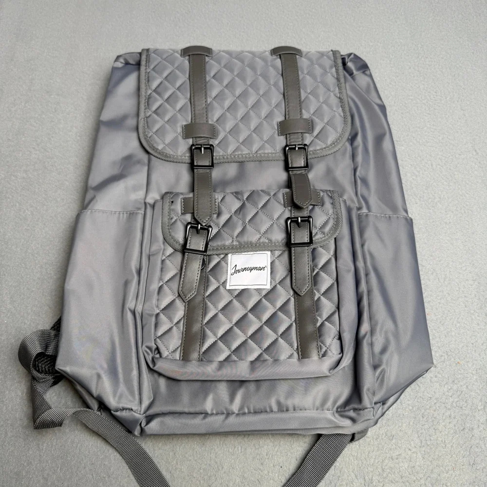 Journeyman Gray Quilted Nylon Drawstring Backpack Magnetic Buckle Straps Travel